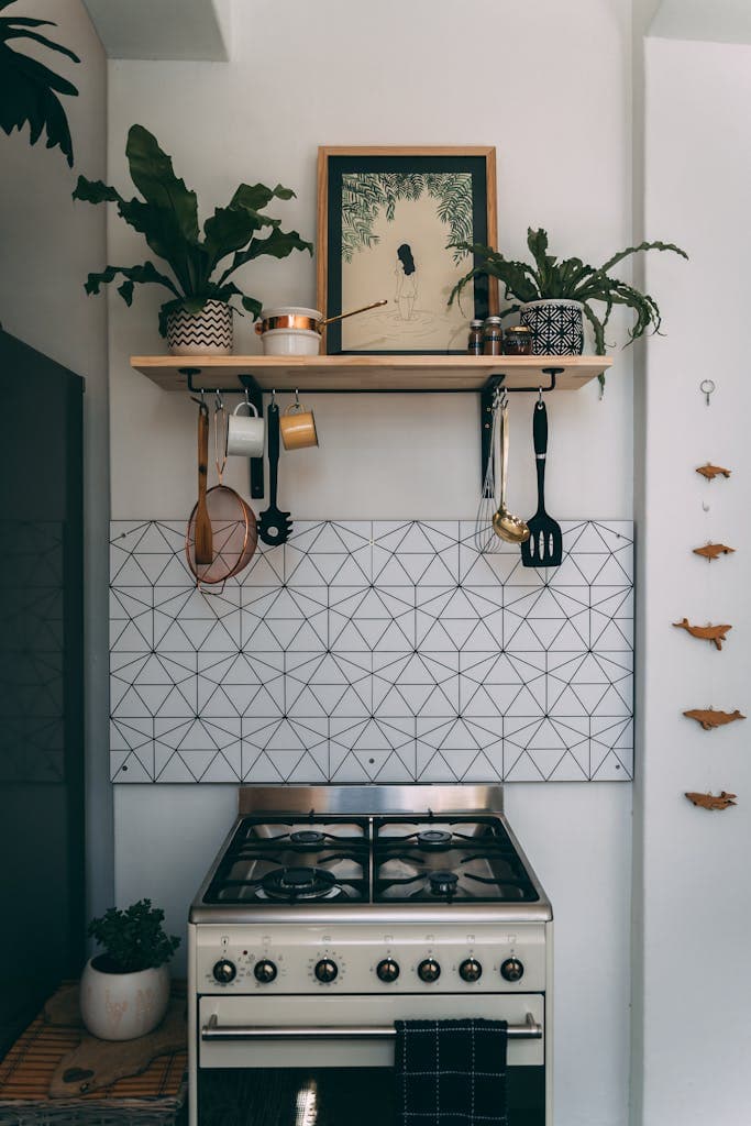 Contemporary kitchen setup featuring a gas stove, minimalist decor, and greenery.